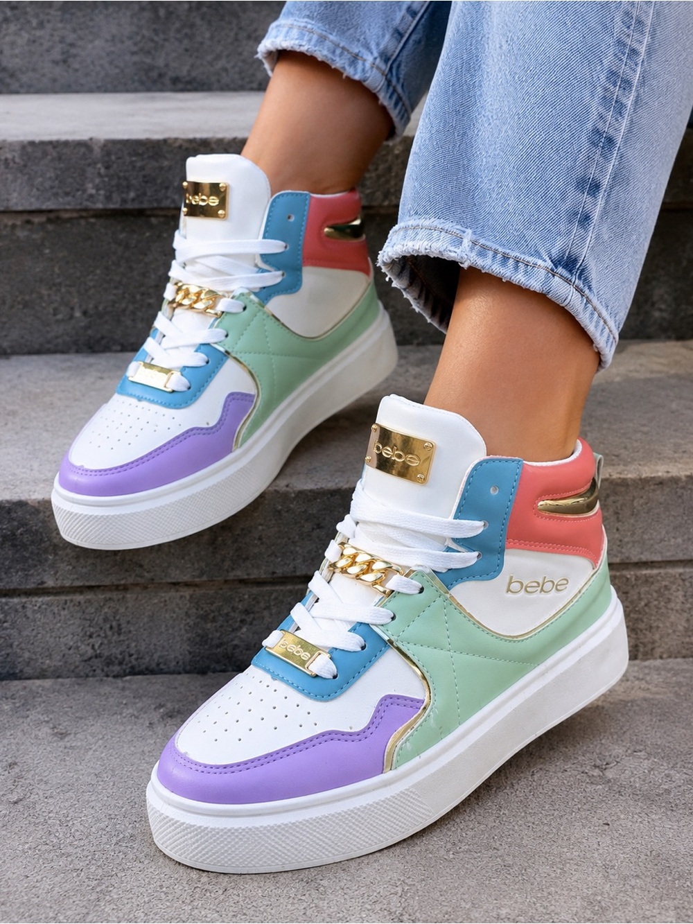 bebe Pastel Colorblock High-Top Sneakers with Gold Accents Size 6.5 Y2K 2000s